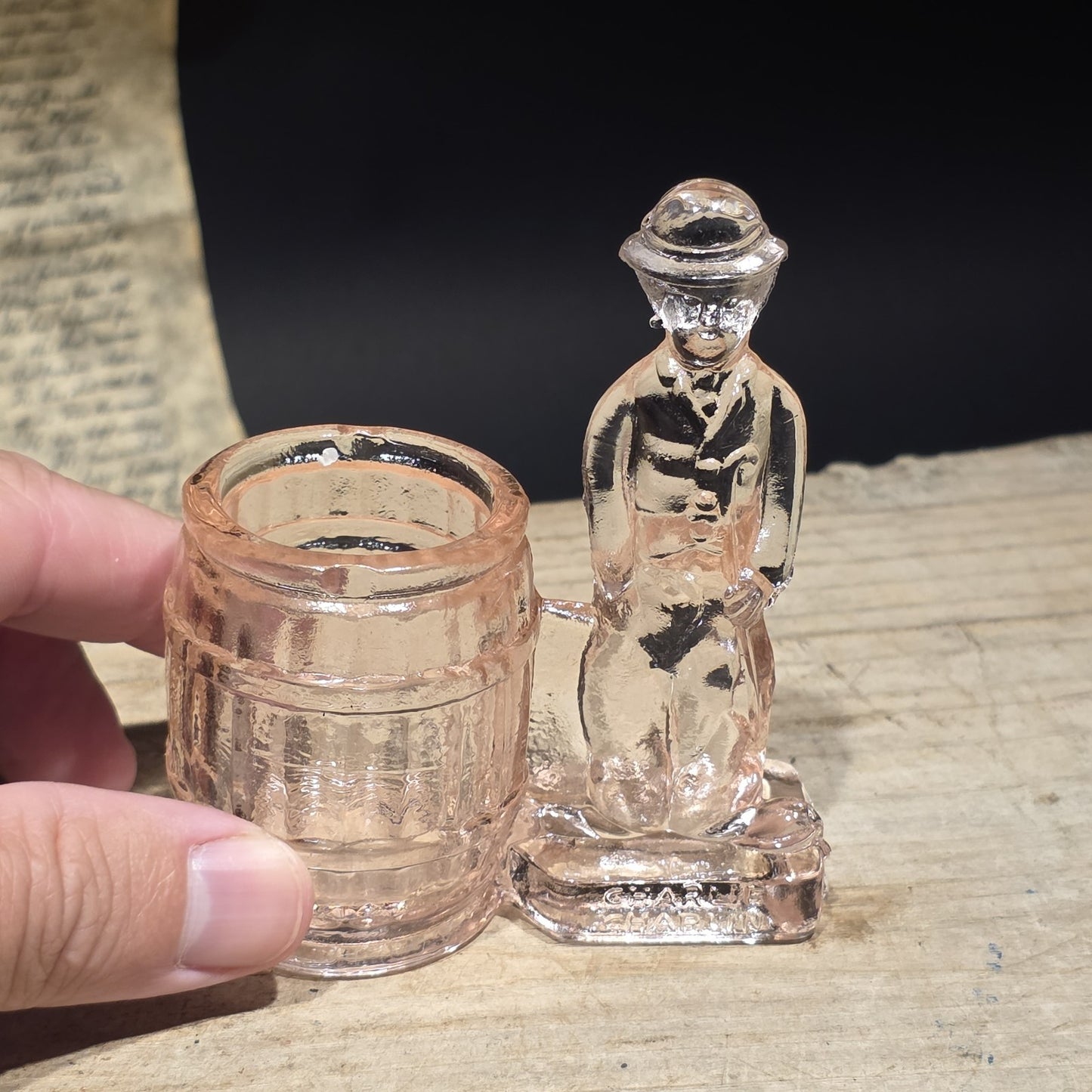 Charlie Chaplin Style Toothpick Holder – Pink Depression Glass Tramp Figure