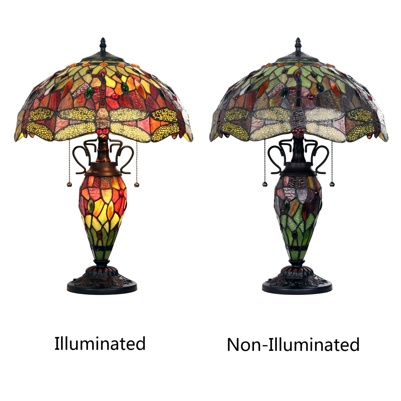 22.44" Antique Vintage Style Stained Glass Dragonfly Lighted Base Table Lamp