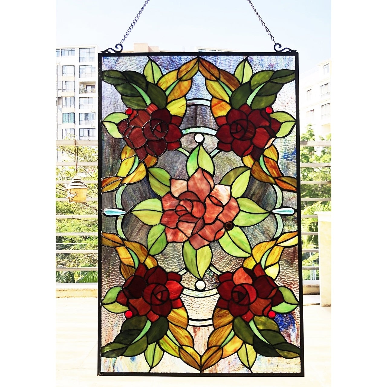 32" Rose Bush Stained Glass Window Hanging Panel Suncatcher