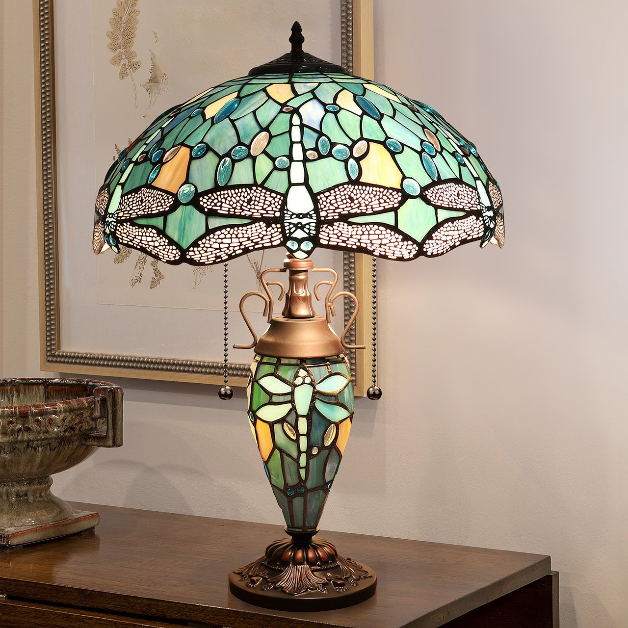 22.44" Antique Vintage Style Stained Glass Dragonfly Lighted Base Table Lamp