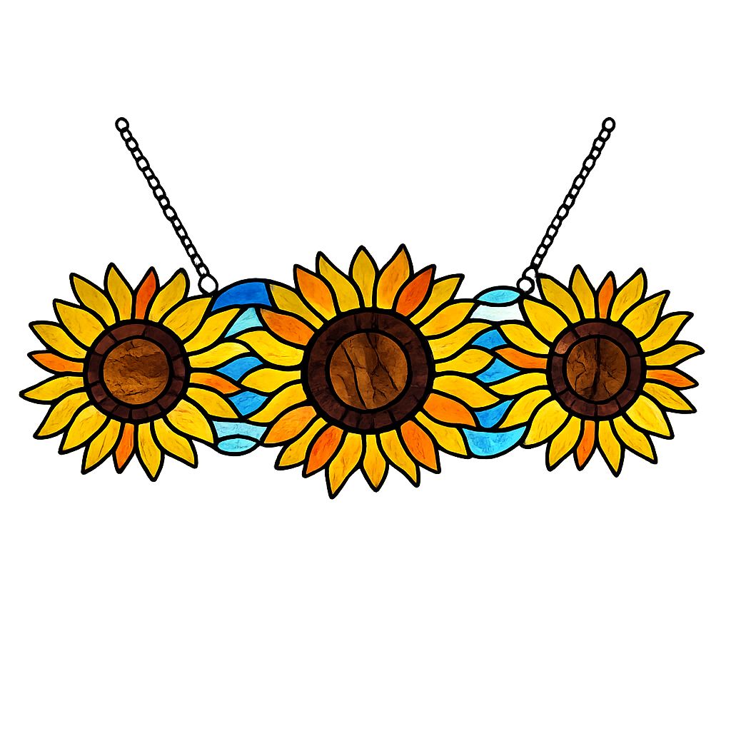 22" Stained Glass Sunflower Window Panel – 3 Flower Suncatcher