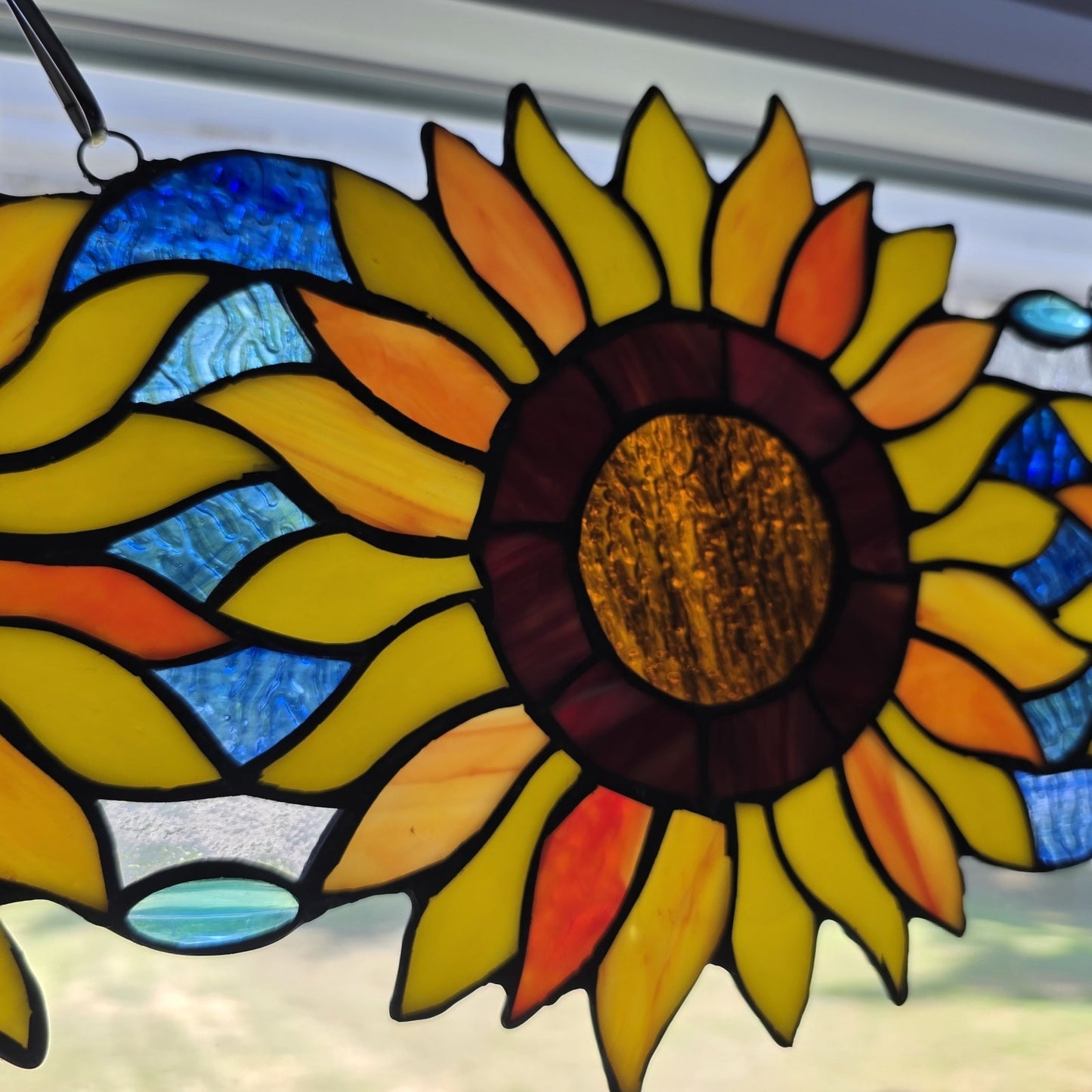 22" Stained Glass Sunflower Window Panel – 3 Flower Suncatcher
