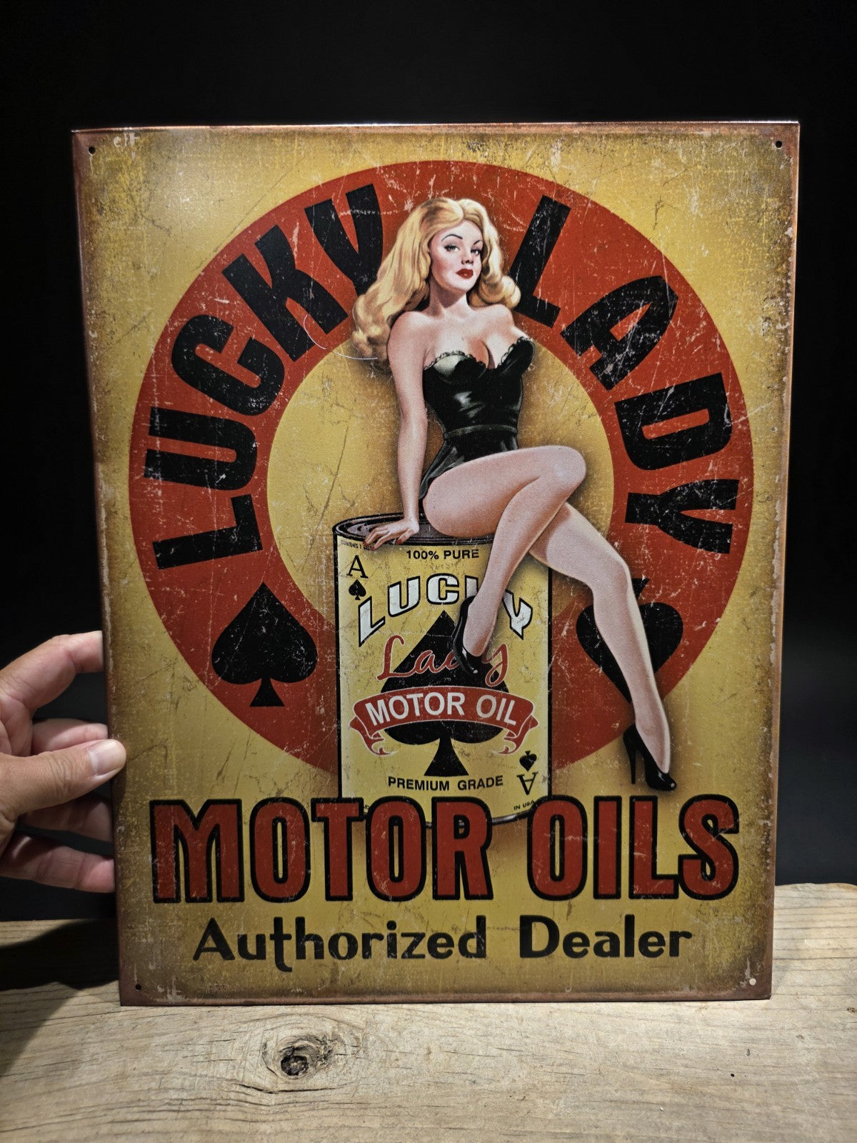 Lucky Lady Motor Oil Vintage-Style Tin Sign Pin-Up Gas & Garage Advertisement