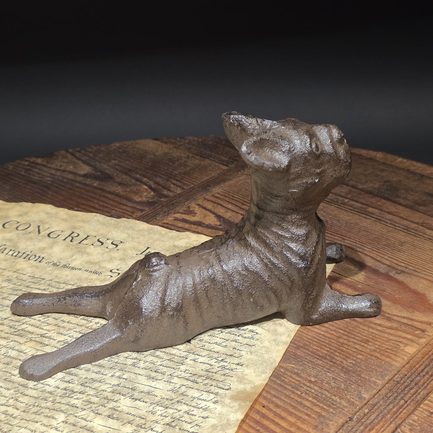 Cast Iron French Bulldog Doorstop – Vintage Style Reclining Dog Rust/Black