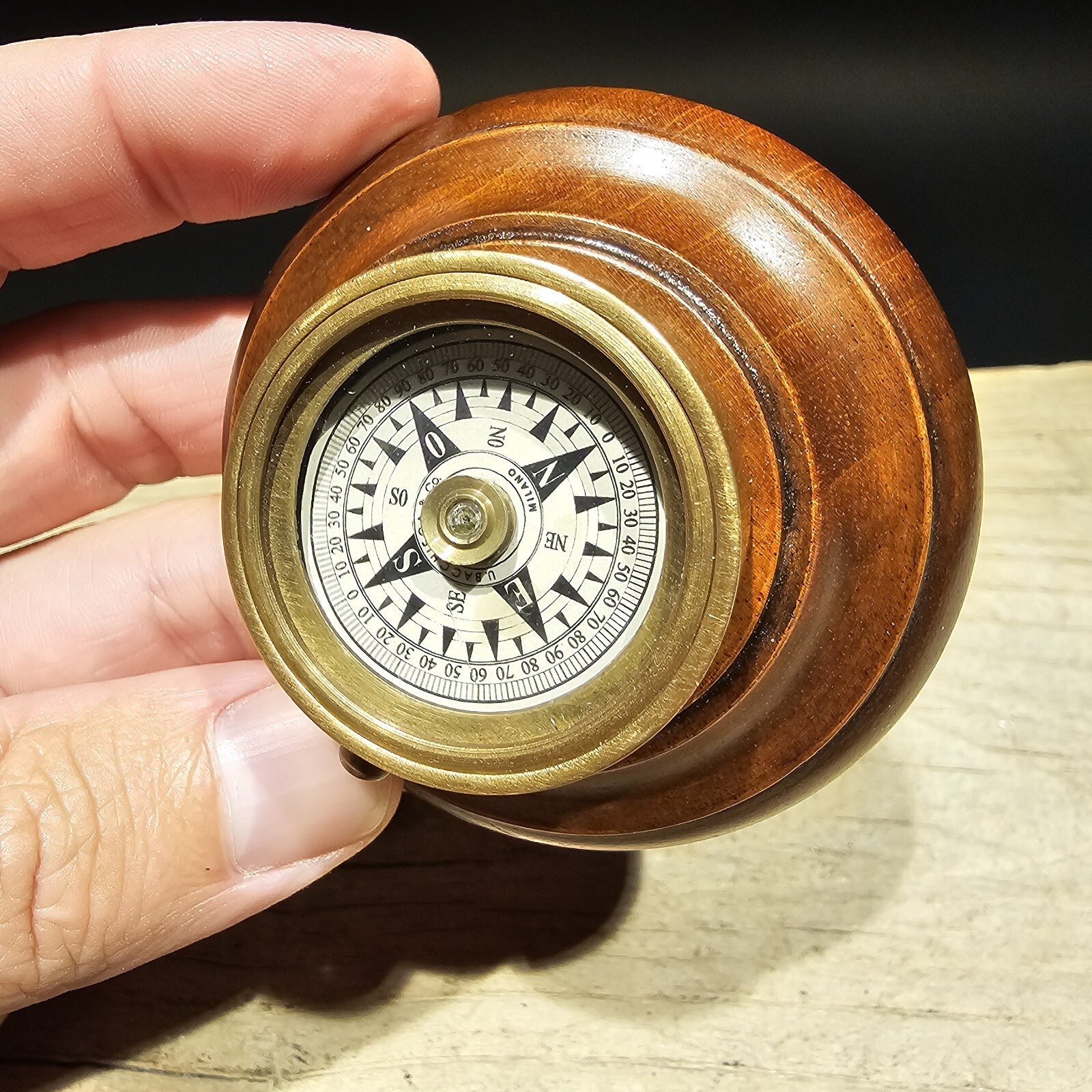 Antique Style Turned Mahagony Wood and Brass Compass