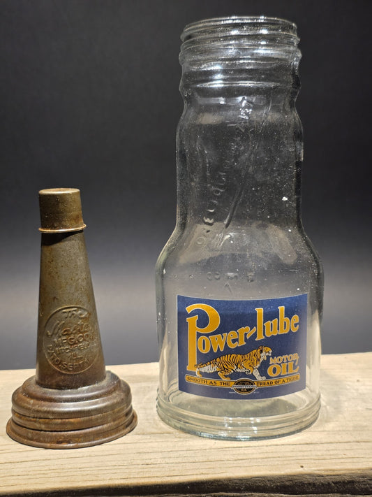 1930s Style Glass Power Lube Oil Bottle w Spout