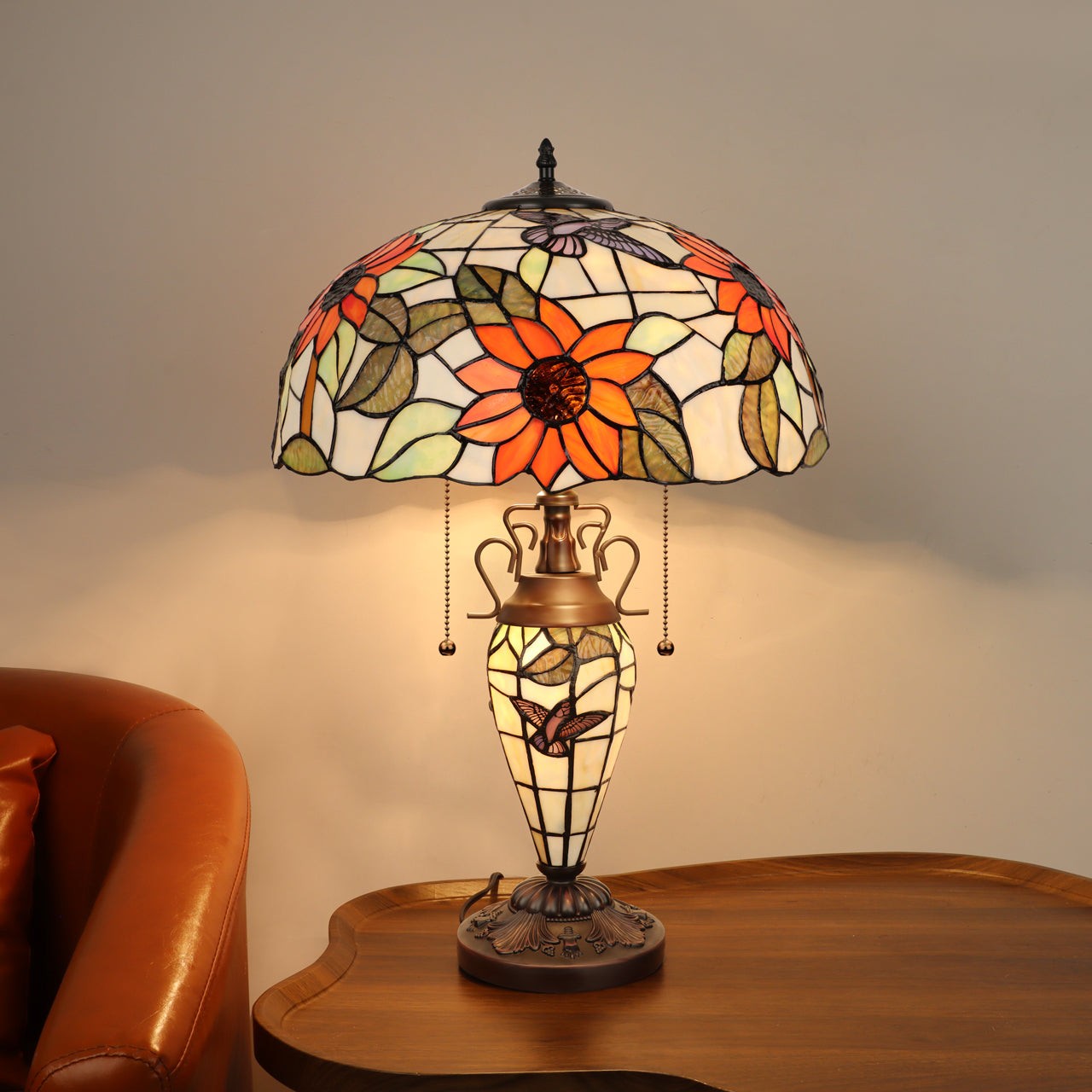 24.21" Antique Vintage Style Stained Glass Sunflower Lighted Base Table Lamp