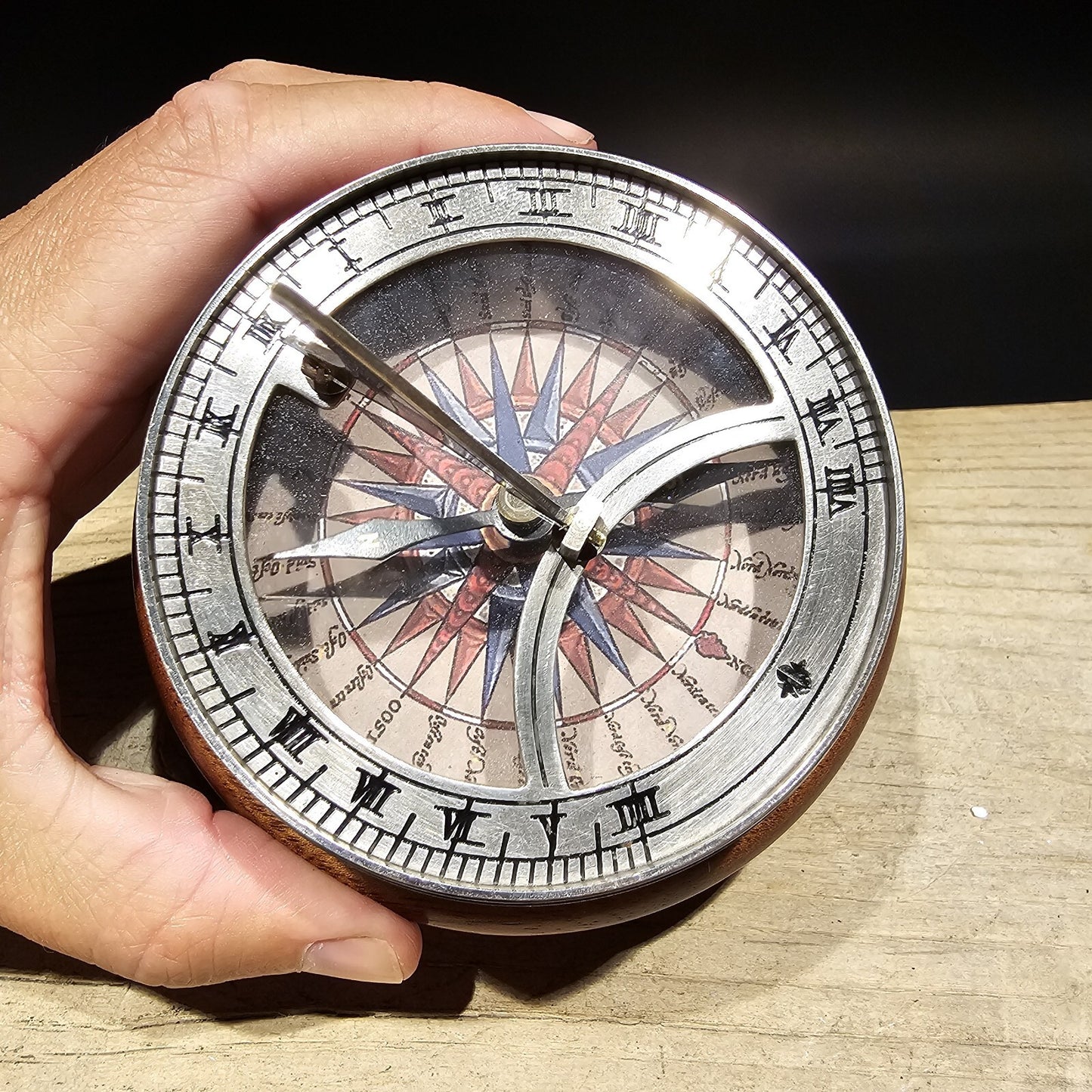 Antique Style Turned Mahagony Wood and Silver Plated Bronze Sundial Compass