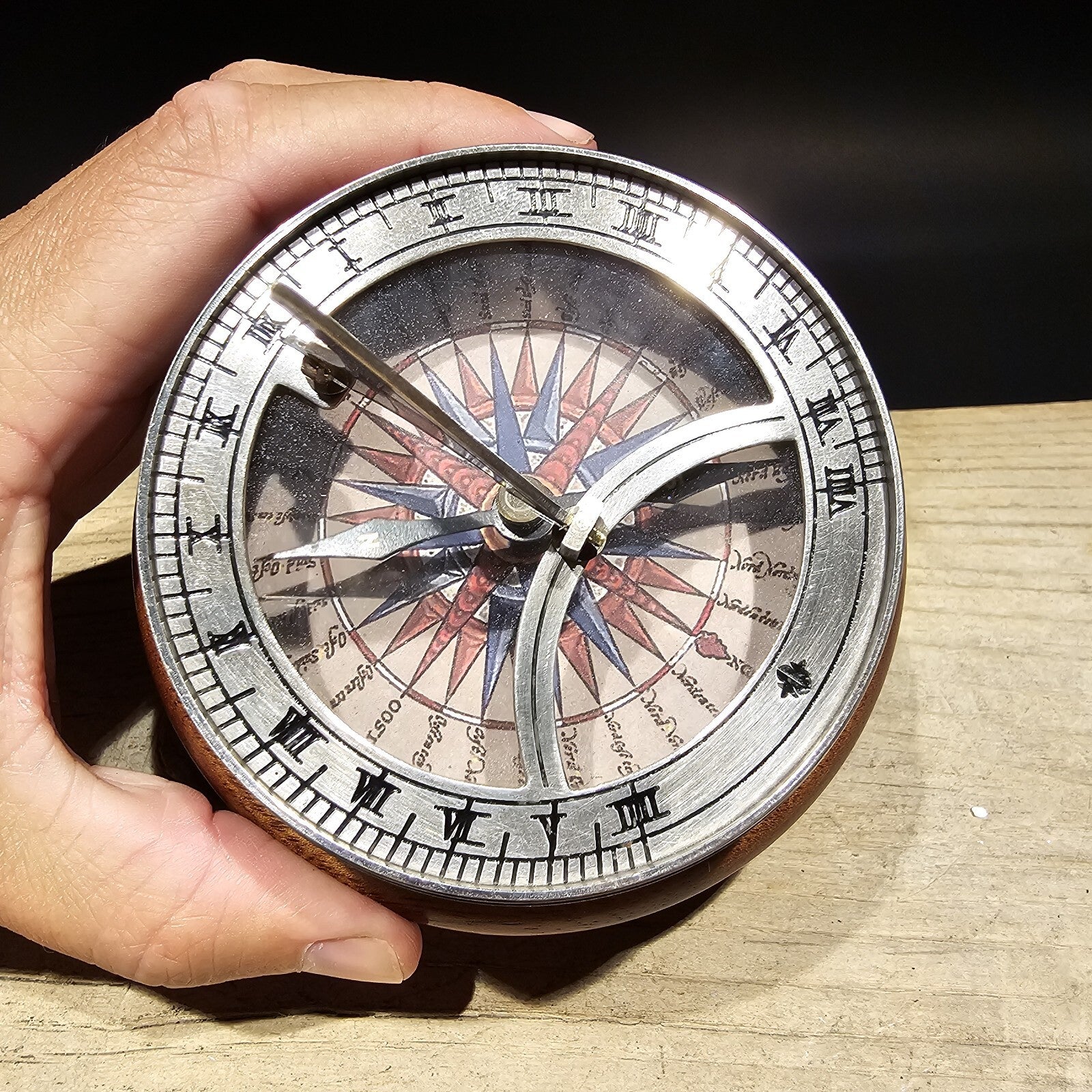 Antique Style Turned Mahagony Wood and Silver Plated Bronze Sundial Compass