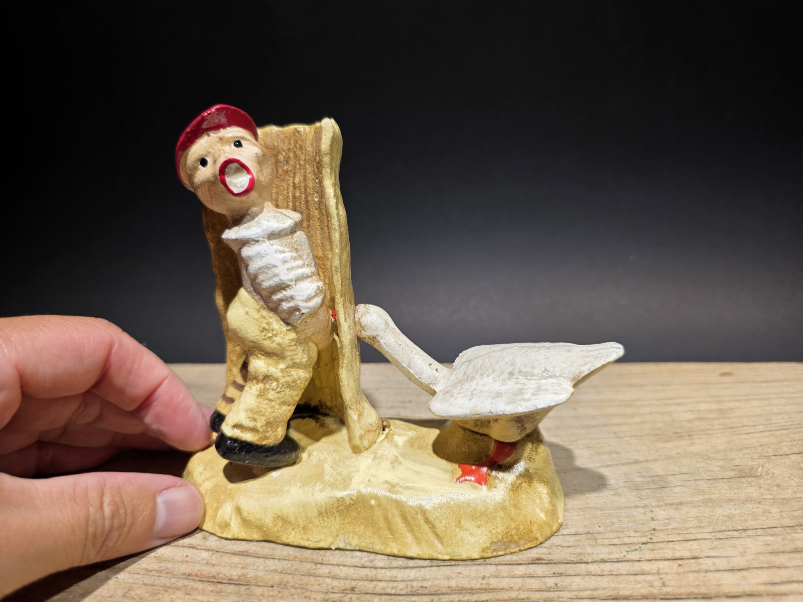 5" Painted Cast Iron Americana Charming Boy Urinating + Goose Figure