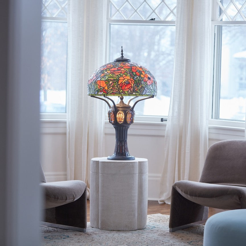 36"H Pink Poppies Tiffany-Style Stained Glass Table Lamp