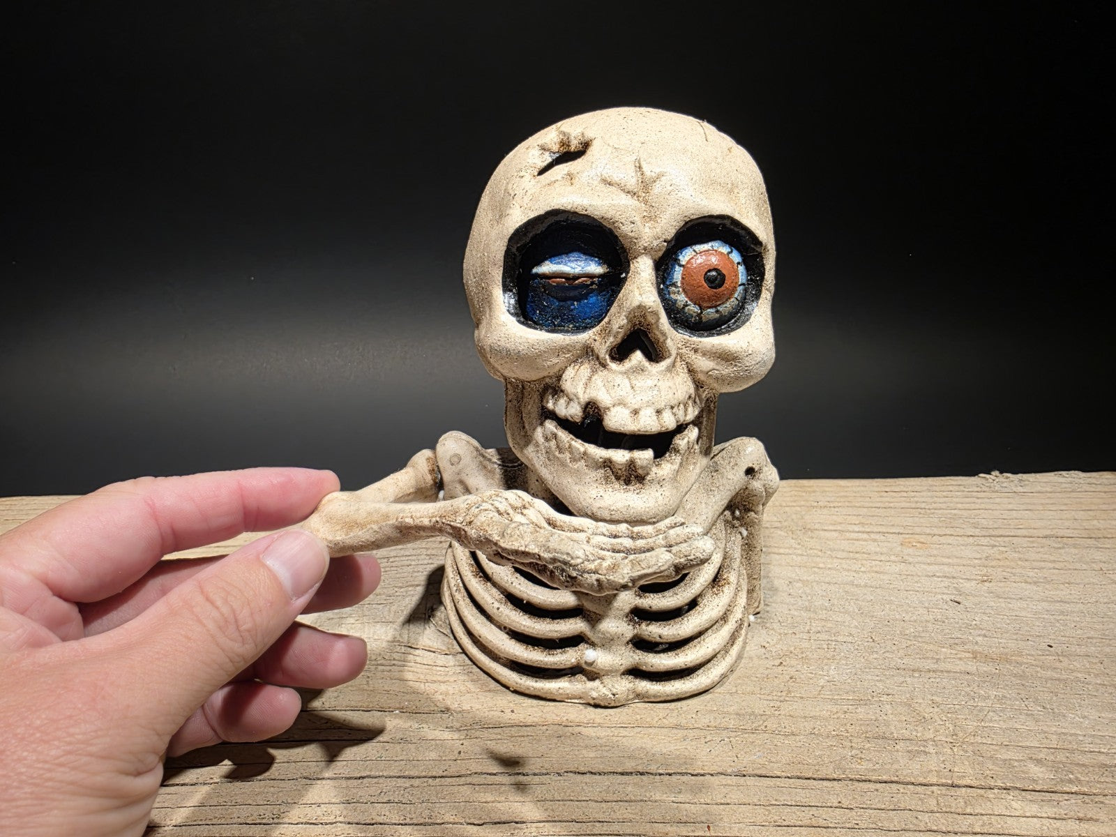 Antique Style Cast Iron Mechanical Halloween Skeleton Coin Bank