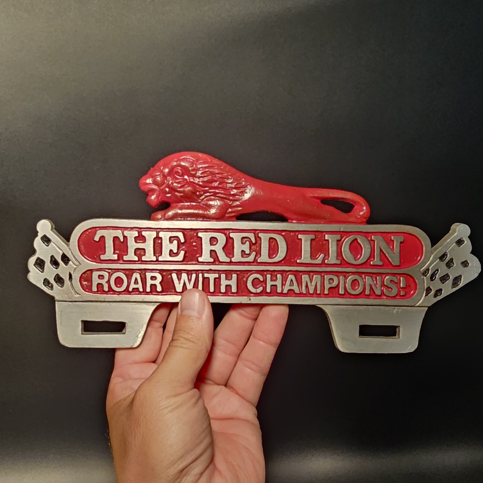 Antique Vintage Style Aluminum Red Lion License Plate Fob Topper