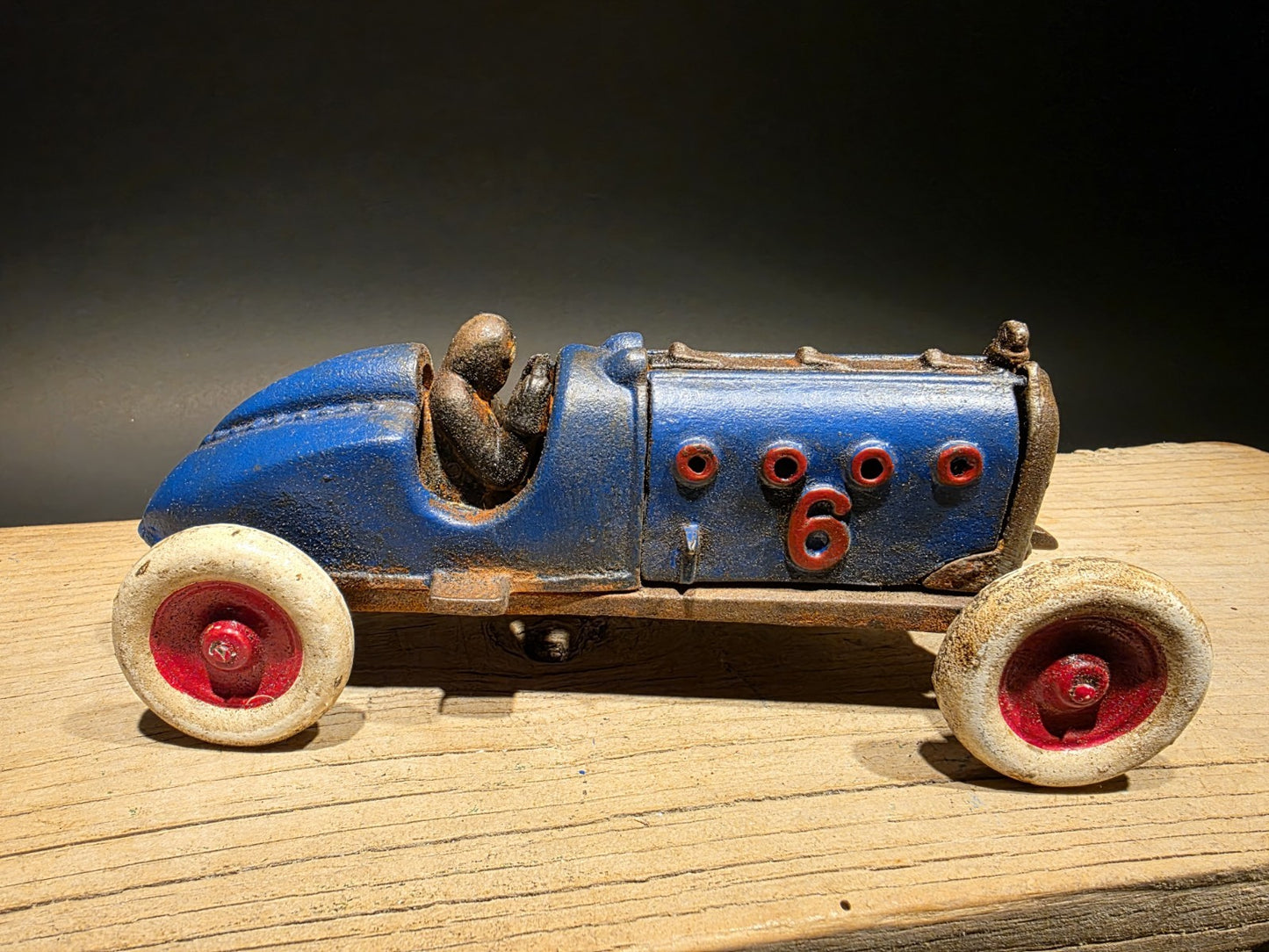 Antique Vintage Style Blue Cast Iron Toy Race Car w Lifting Hood