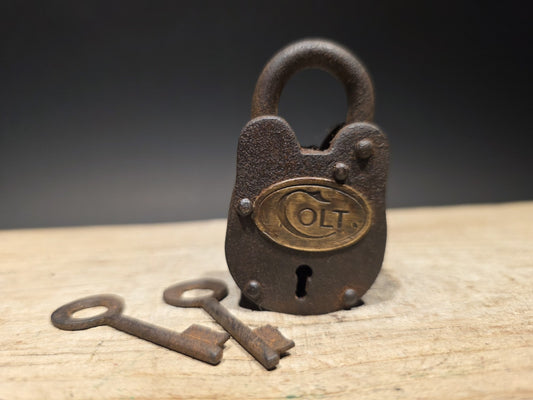 Antique Vintage Style Cast Iron Colt Firearms Ammo Box Padlock Lock & Key 