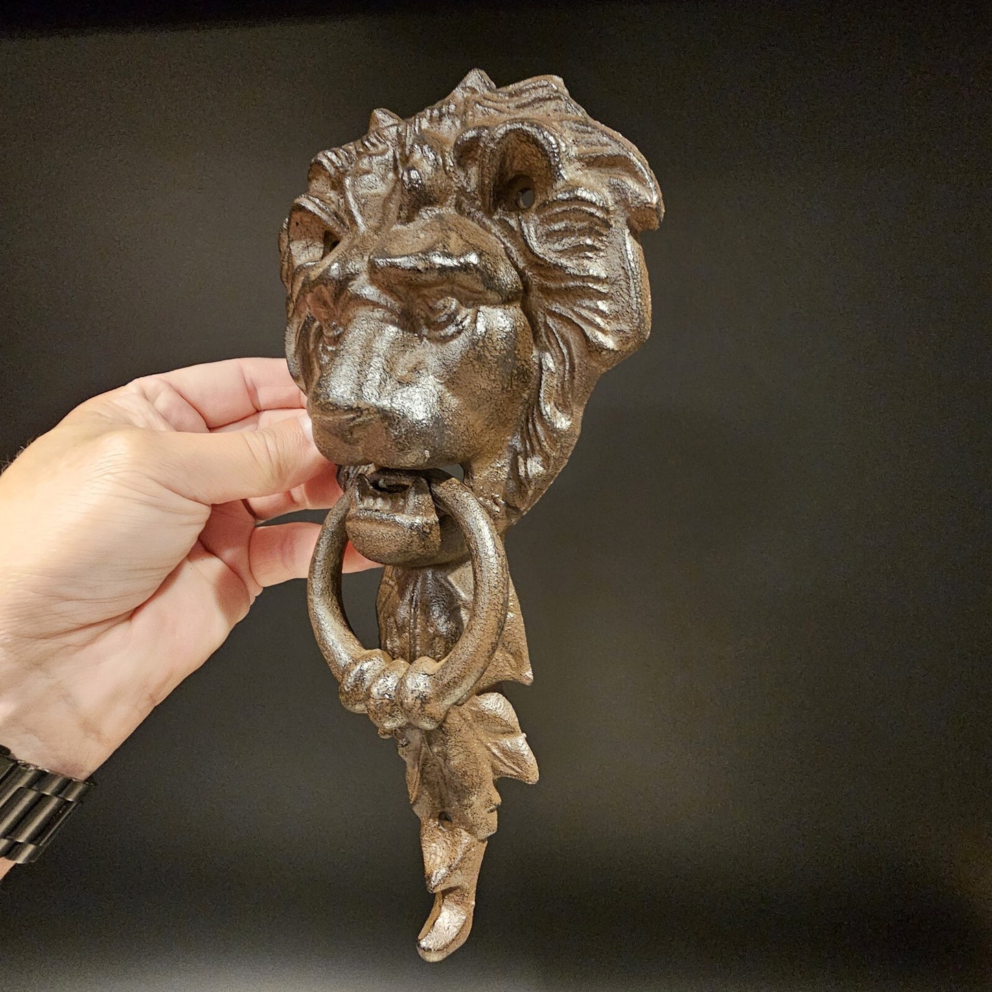 Antique Vintage Style Cast Iron Lion Door Knocker w Hook