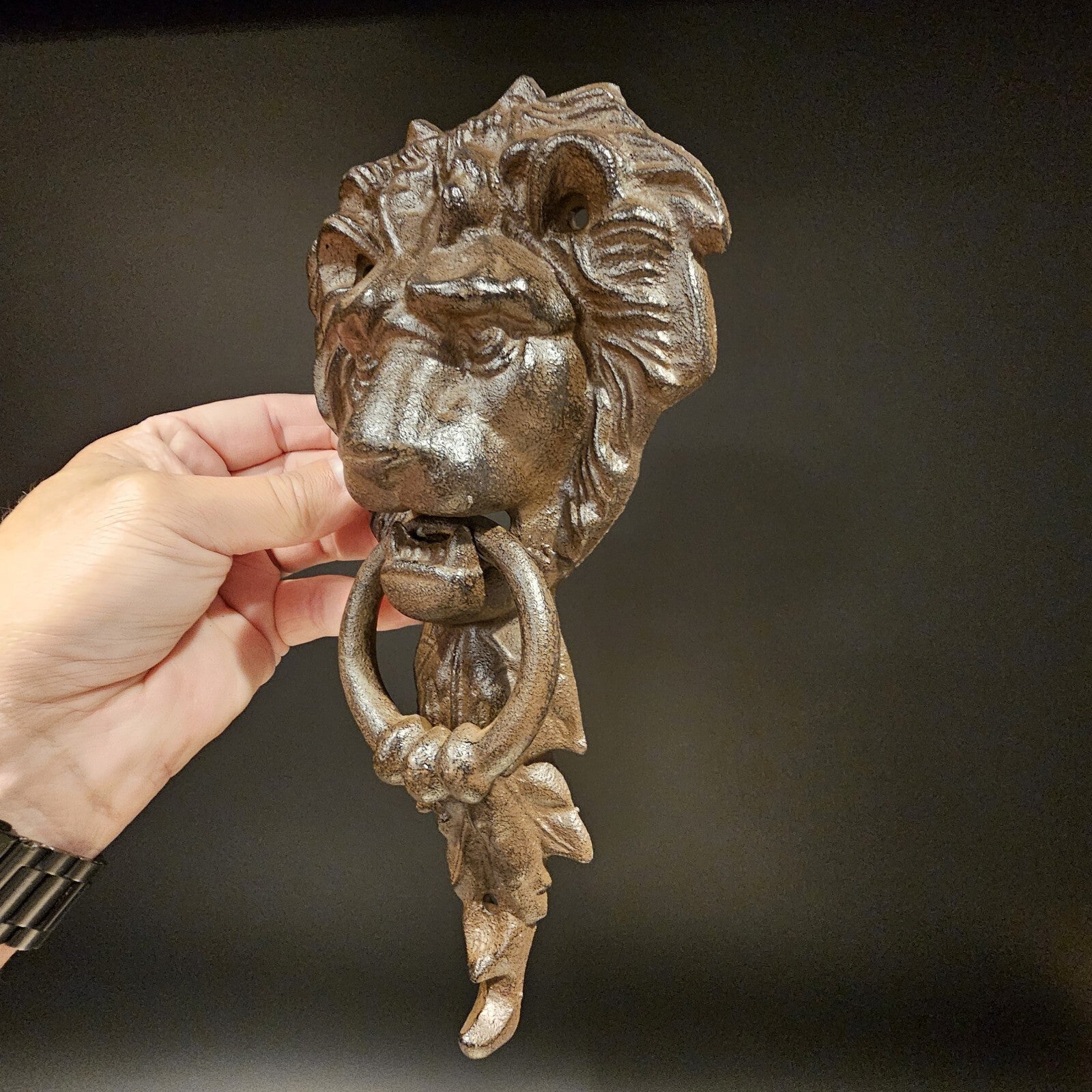 Antique Vintage Style Cast Iron Lion Door Knocker w Hook