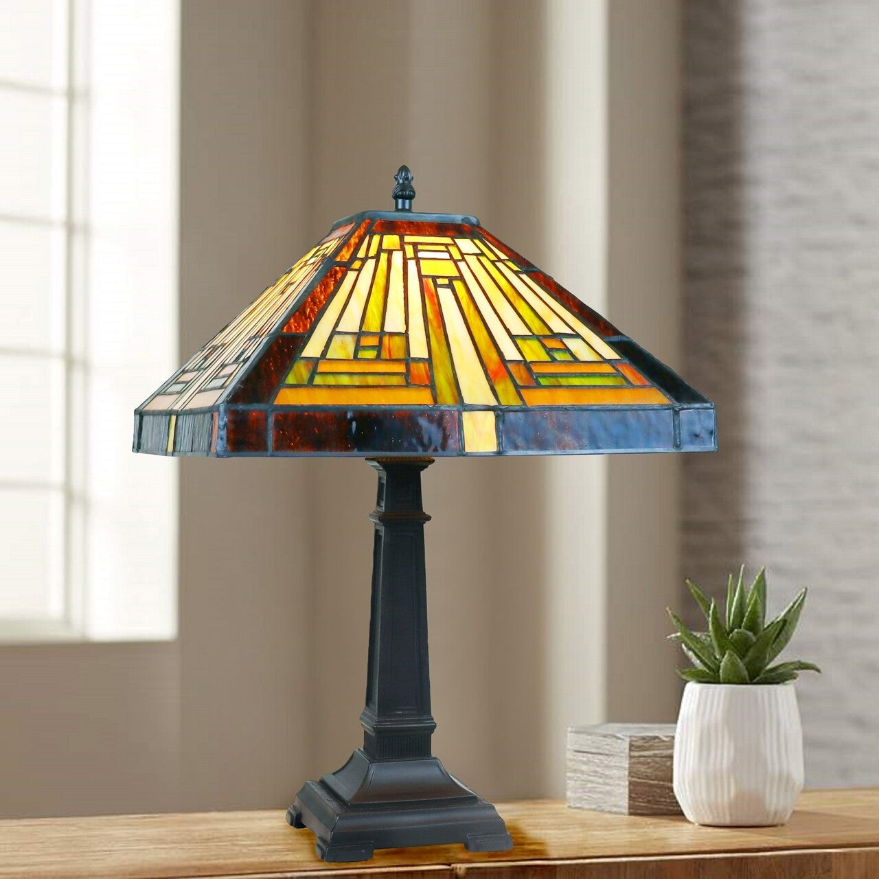 16.8" 1 light Antique Vintage Style Stained Glass Mission Table Lamp