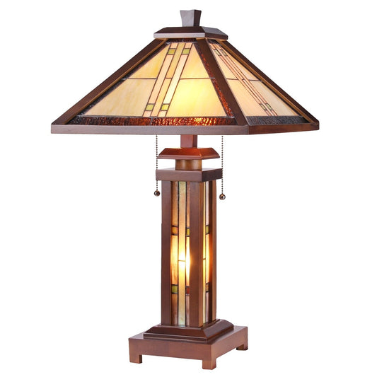 25.6  3 light Antique Vintage Style Stained Glass Wood Mission Table Lamp