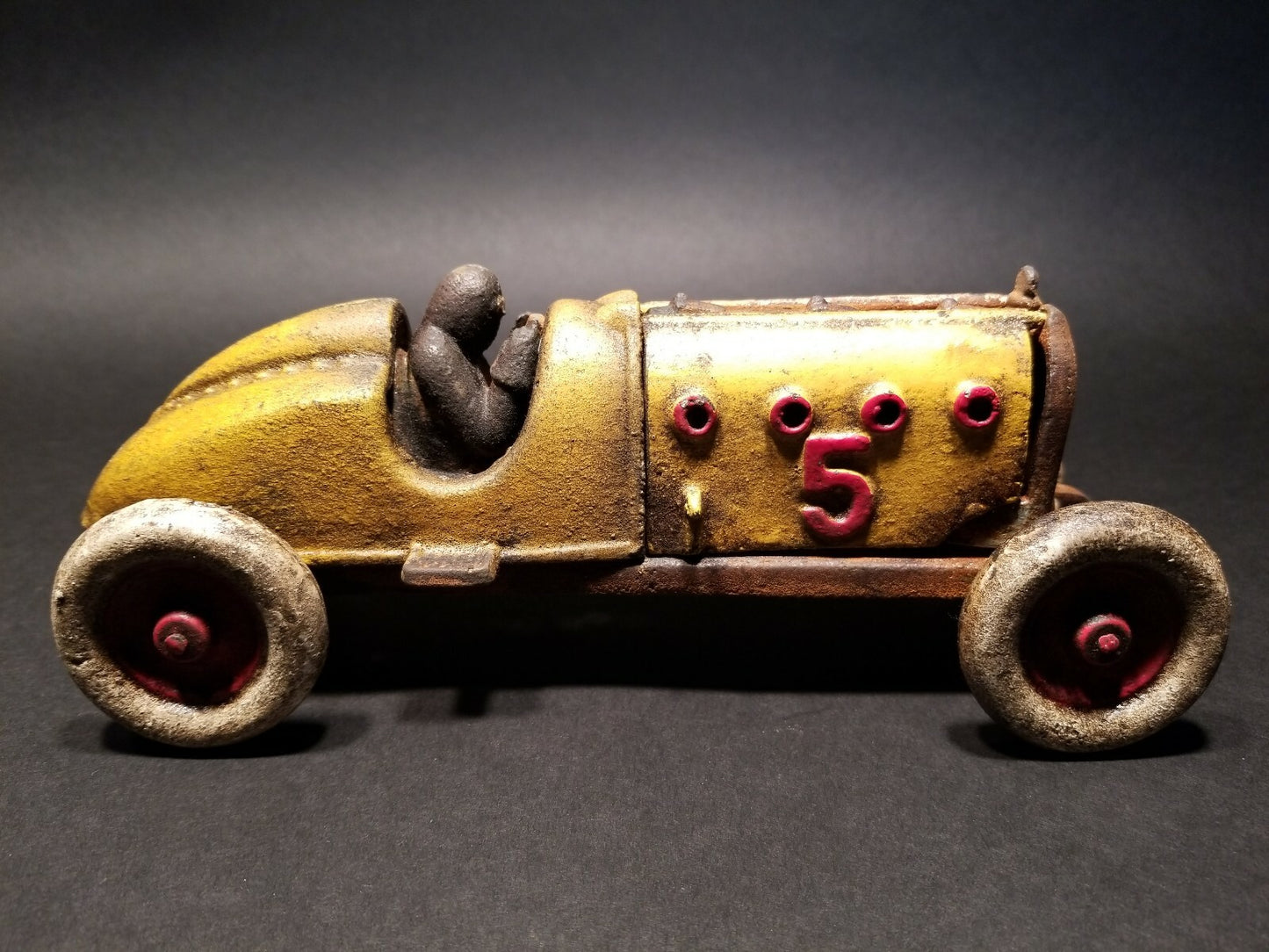Antique Vintage Style Yellow Cast Iron #5 Toy Race Car w Lifting Hood