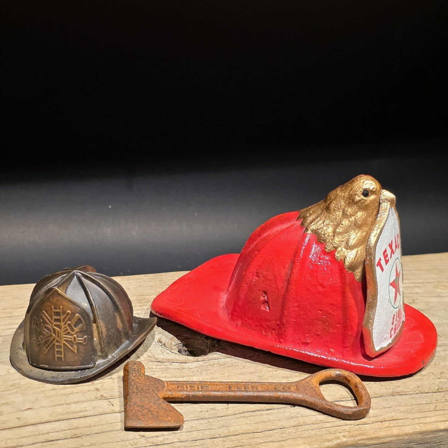 Mini Cast Iron Texaco Fire Chief Helmet Dixie Beer Axe Bottle Opener Lot