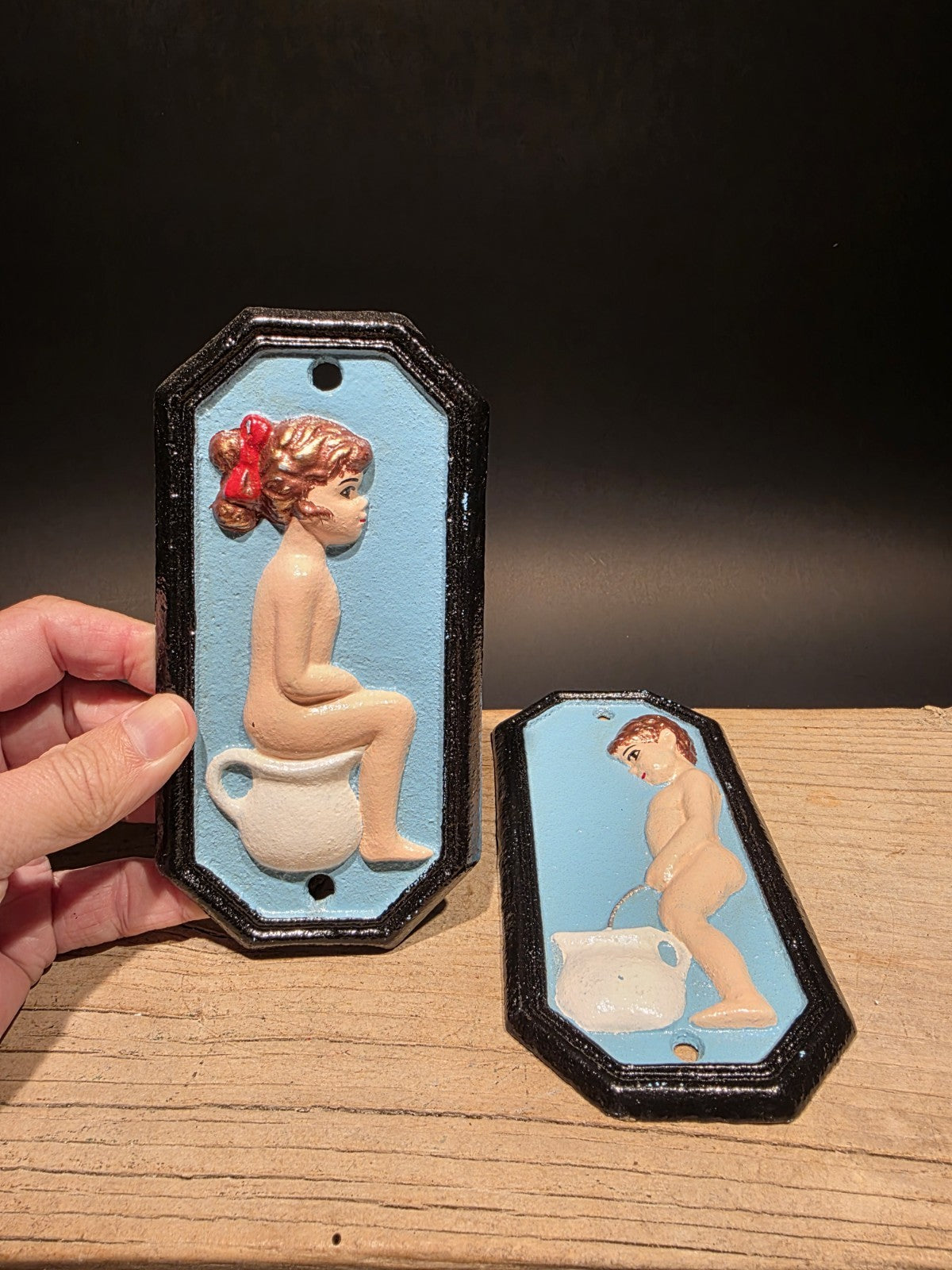 7" Antique Vintage Style Cast Iron Funny Boy Girl Bathroom Signs Plaque