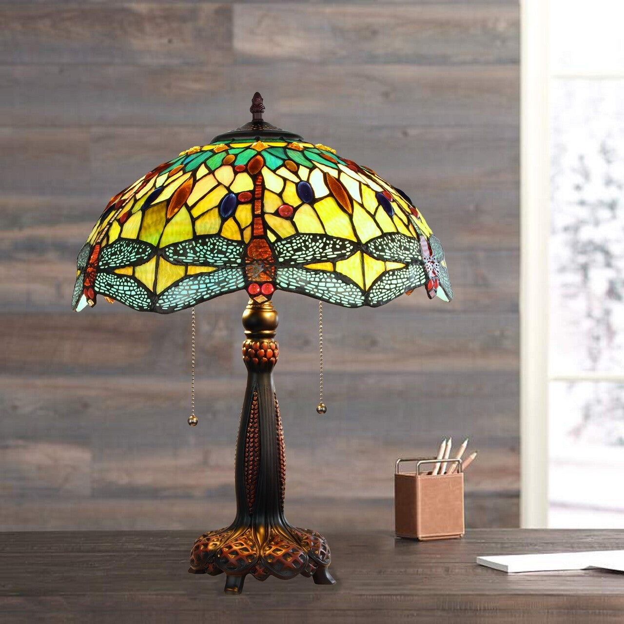 21" Antique Vintage Style Stained Glass Dragonfly Table Lamp