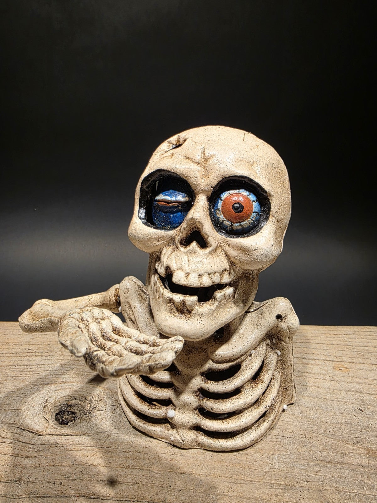 Antique Style Cast Iron Mechanical Halloween Skeleton Coin Bank