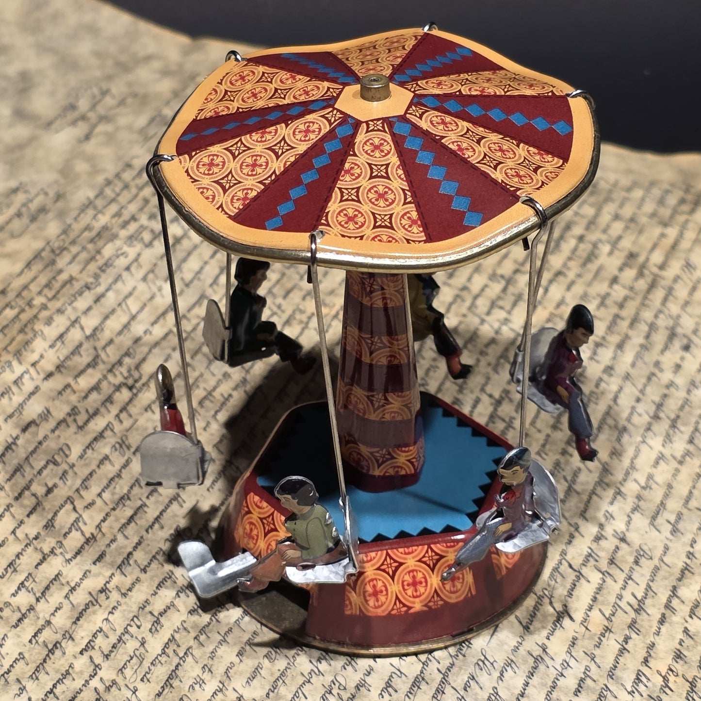 Vintage Style Tin Litho Carousel Swing Ride Wind-Up Amusement Park Toy