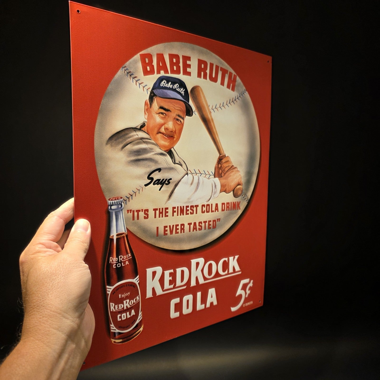 16" Vintage Style Babe Ruth Baseball Red Rock Cola Advertising Sign