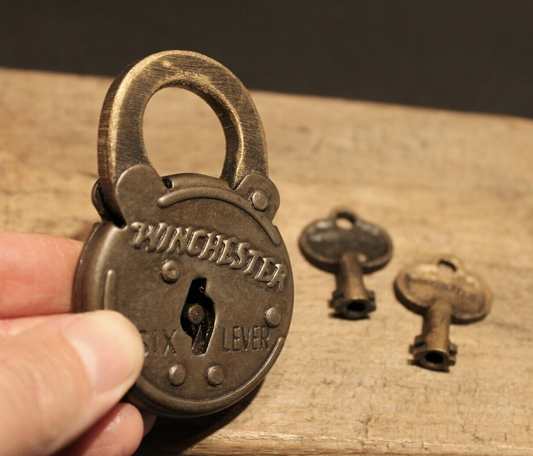 Antique Vintage Style Cast Iron Winchester Firearms Ammo Box Padlock Lock & Key 