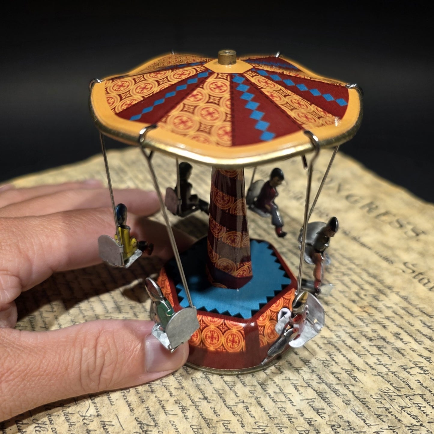 Vintage Style Tin Litho Carousel Swing Ride Wind-Up Amusement Park Toy