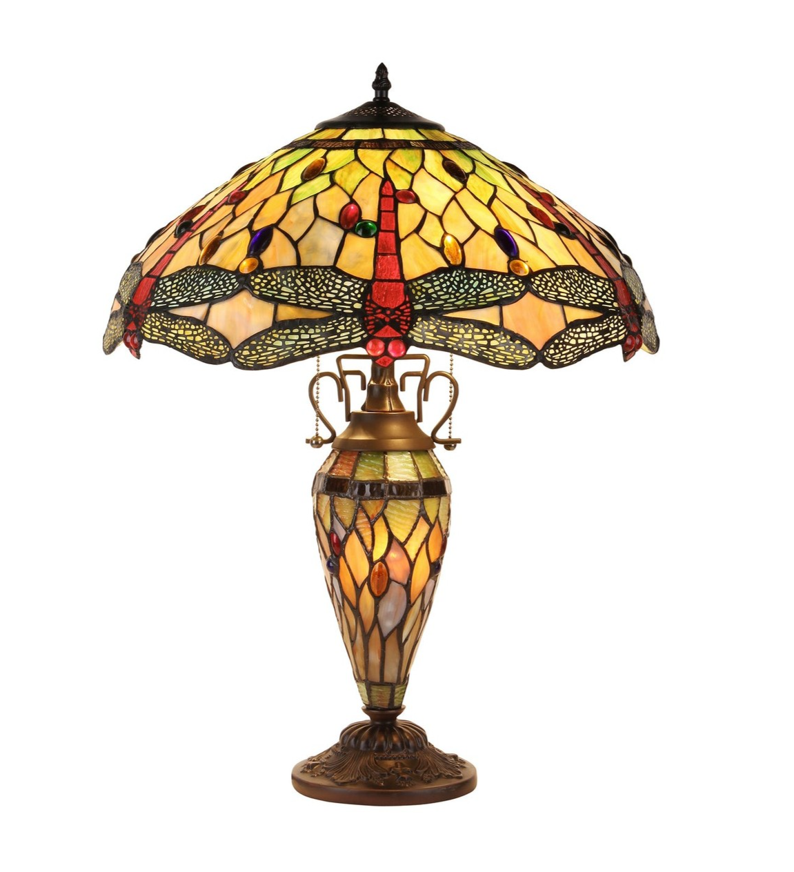 24" Antique Vintage Style Stained Glass Dragonfly Lighted Base Table Lamp