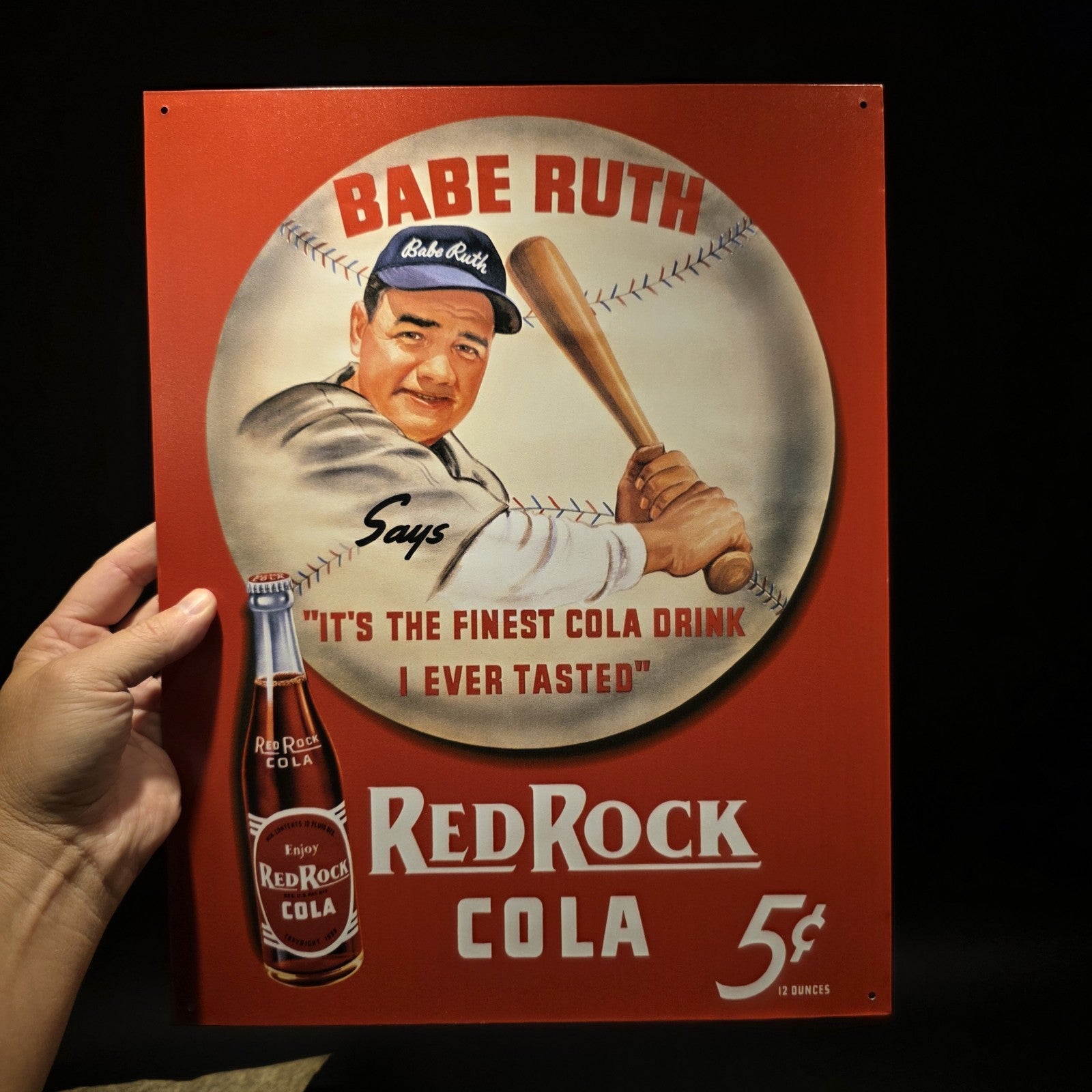 16" Vintage Style Babe Ruth Baseball Red Rock Cola Advertising Sign