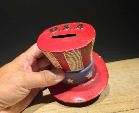 4 1/2" Antique Style Cast Iron USA Patriotic Hat Coin Bank