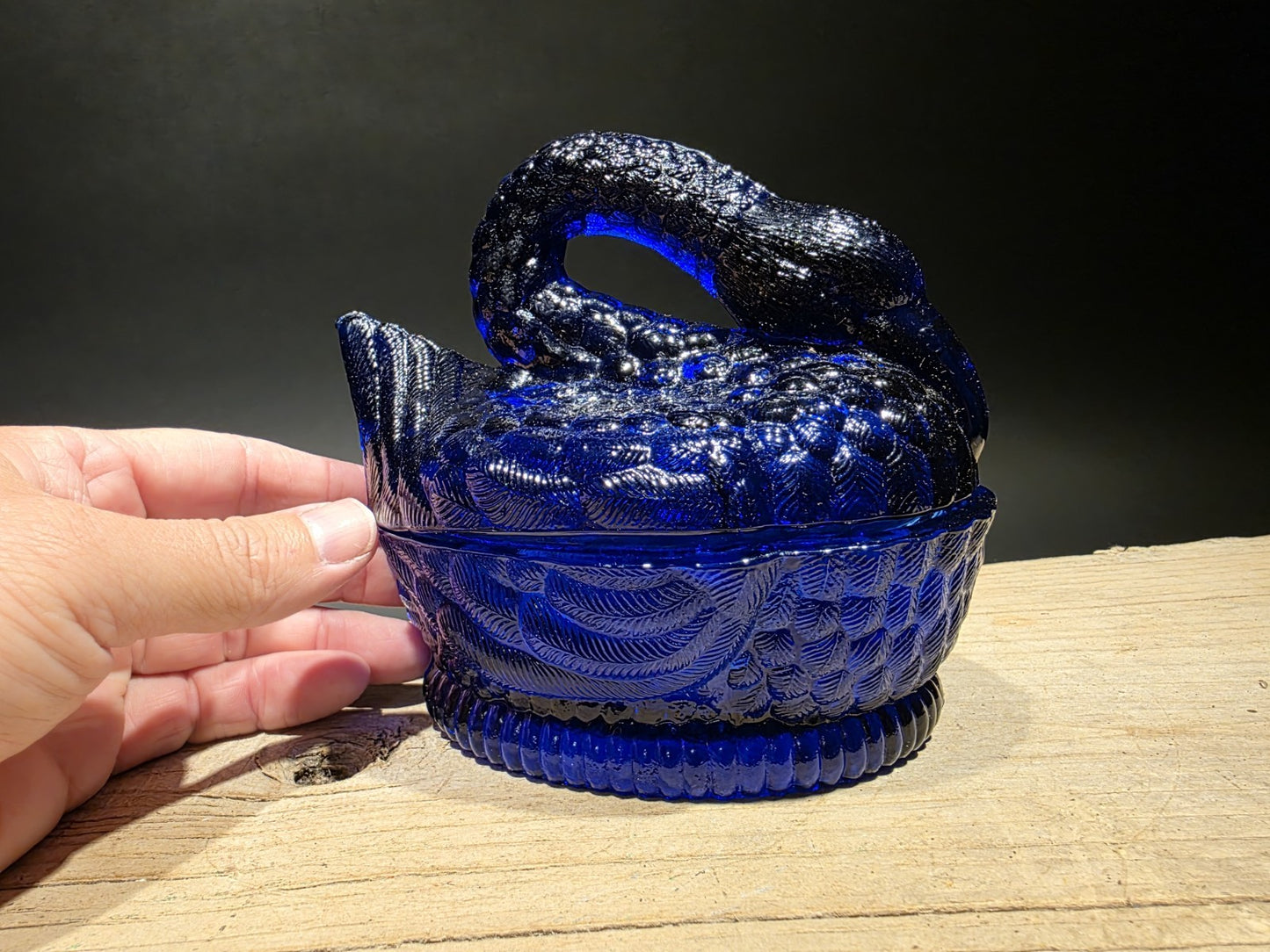 Vintage Style Cobalt Blue Depression Glass Swan Candy Dish Box