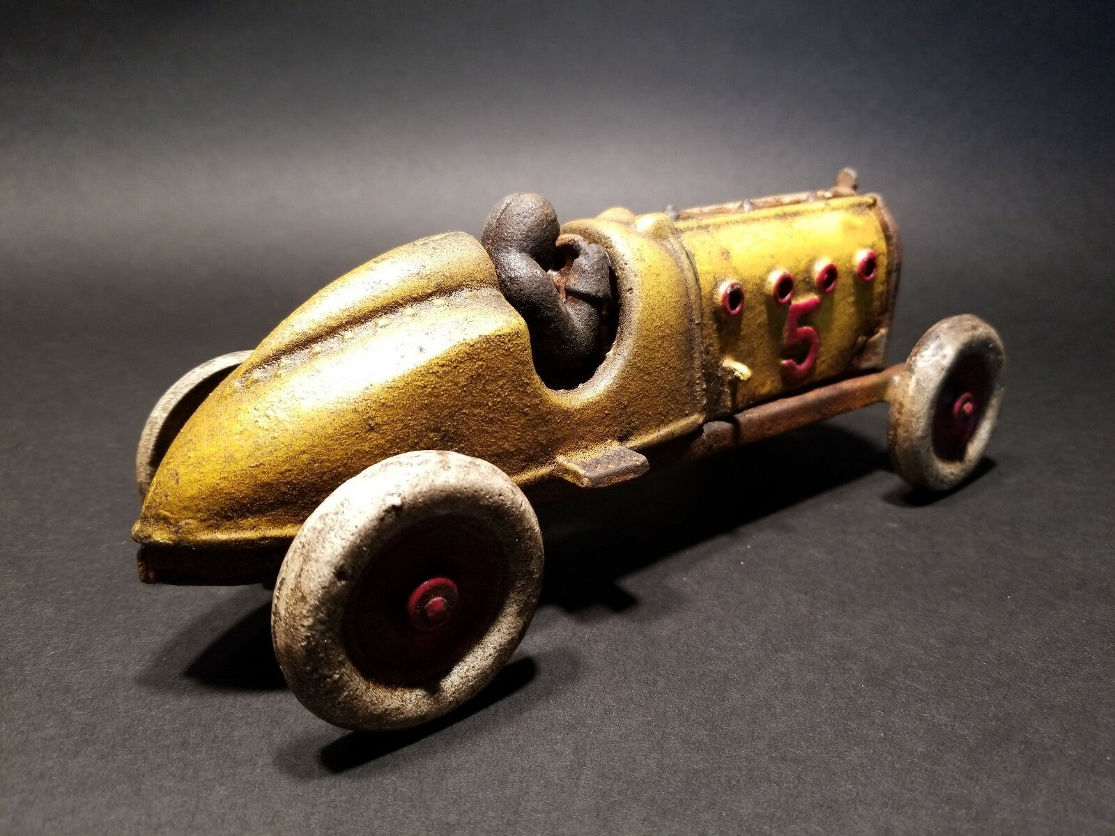 Antique Vintage Style Yellow Cast Iron #5 Toy Race Car w Lifting Hood