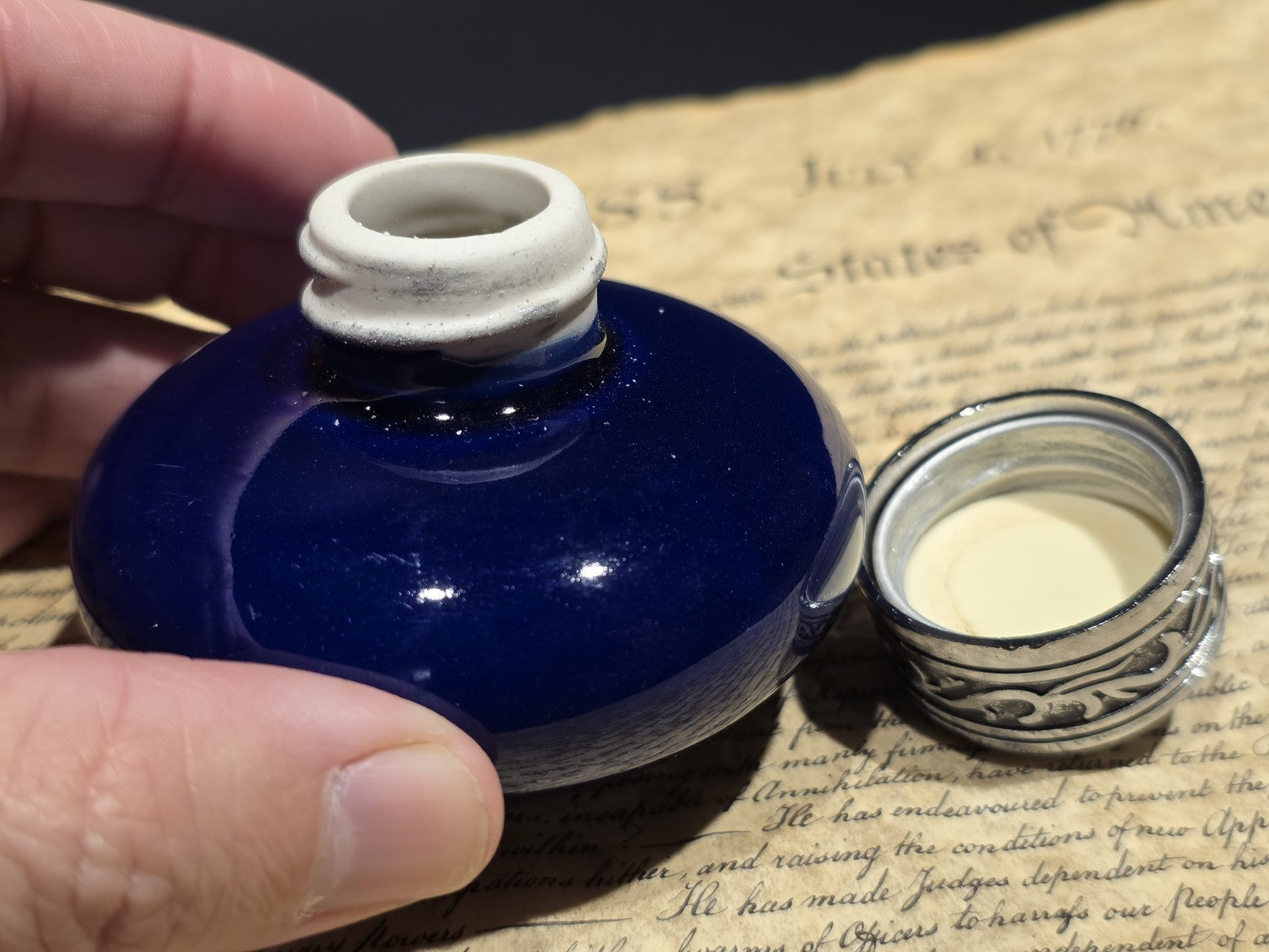 3" Cobalt Blue Ceramic Inkwell Inkpot With Silver Metal Screw Lid