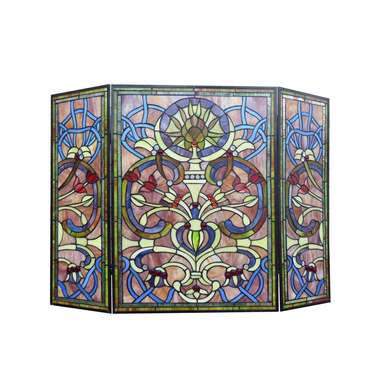 Tiffany Style Stained Glass Fireplace Screen – Victorian 3-Panel Folding 40"