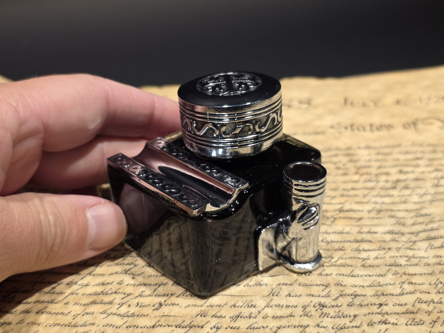 5" Antique Style Glass Inkwell Pen Rest Filled with 1.75 oz Black Ink
