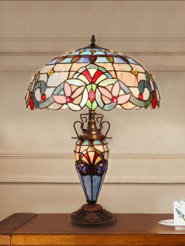 25" Antique Vintage Style Stained Glass Lighted Base Table Lamp