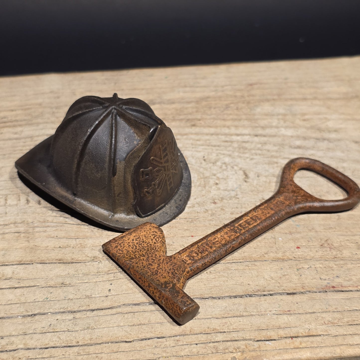 Mini Cast Iron Fireman Helmet, Dixie Beer Fire Axe Bottle Opener Lot