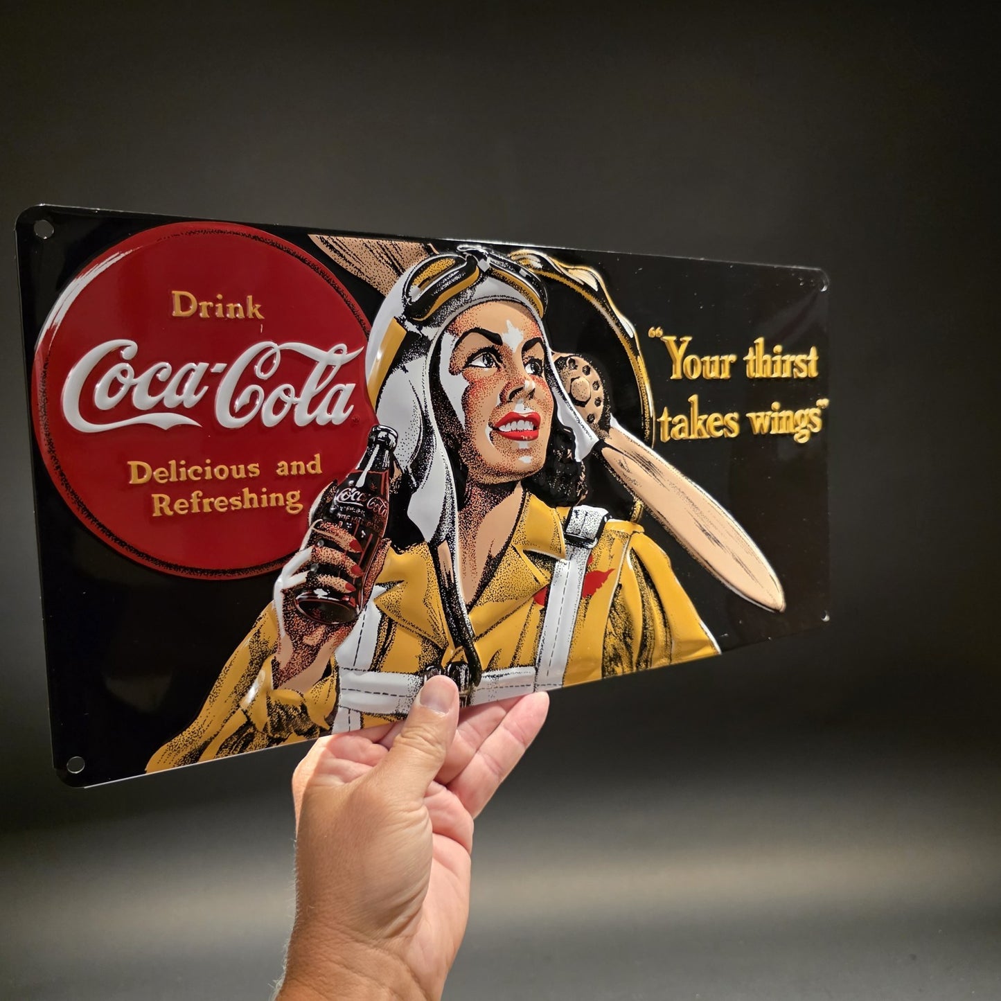 Ande Rooney Signs Coca-Cola Gee Bee Your Thirst Takes Wings Embossed Tin Sign