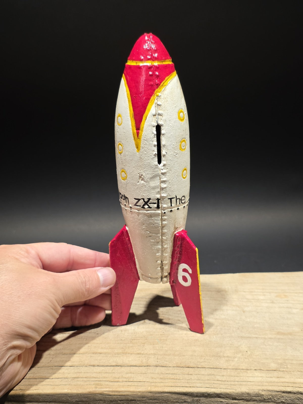 9" Antique Style Cast Iron Moon Rocket Coin Bank