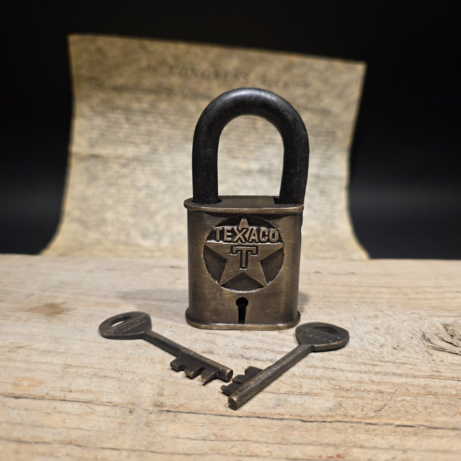 4" Antique Style Brass & Iron Texaco Padlock with Keys Oil Company Lock