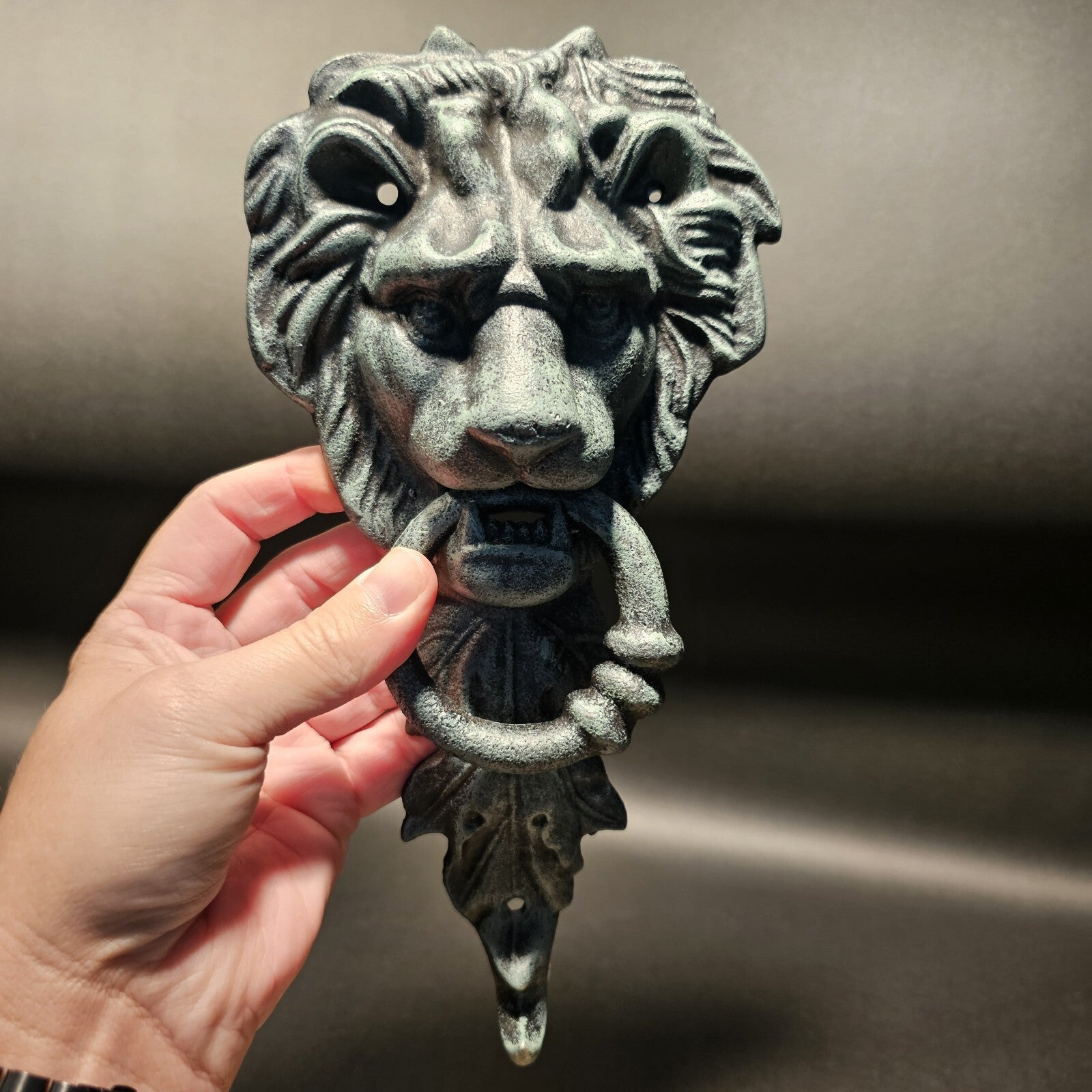 Antique Vintage Style Cast Verdi Green Iron Lion Door Knocker w Hook