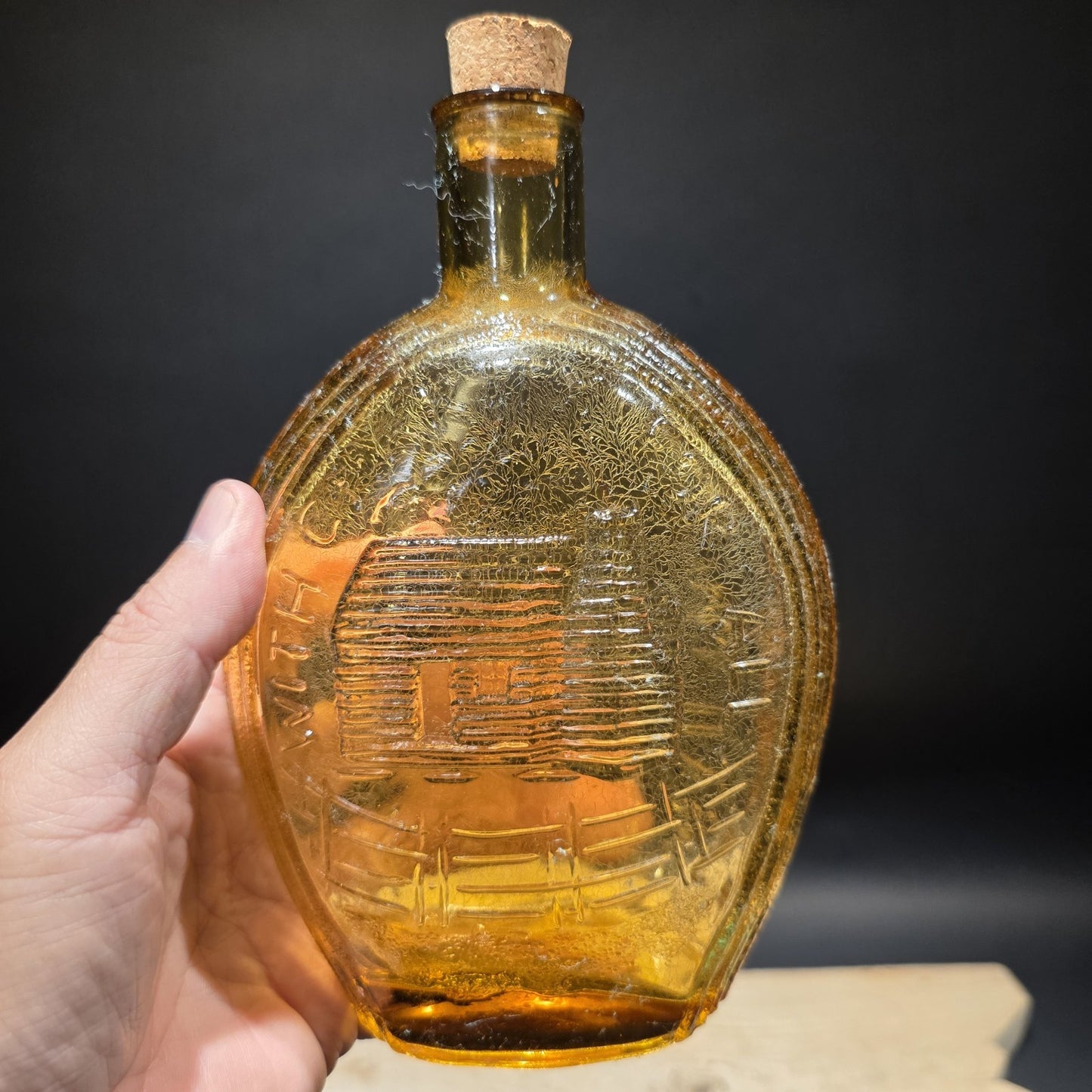 8" Vintage Style Amber Glass Abraham Lincoln Decanter Flask Bottle