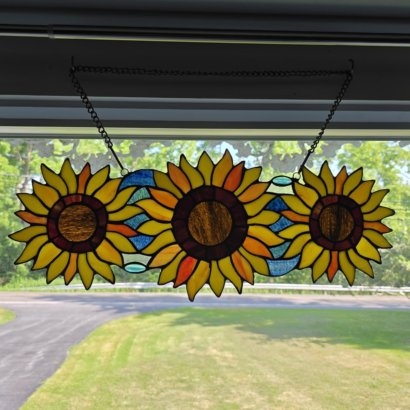 22" Stained Glass Sunflower Window Panel – 3 Flower Suncatcher