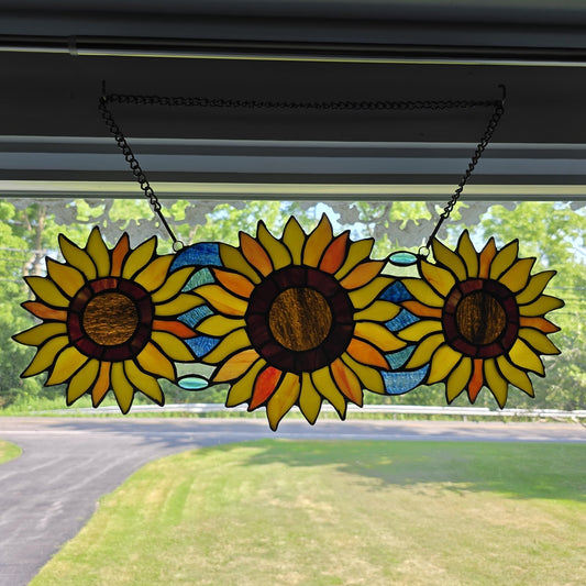 22" Stained Glass Sunflower Window Panel – 3 Flower Suncatcher