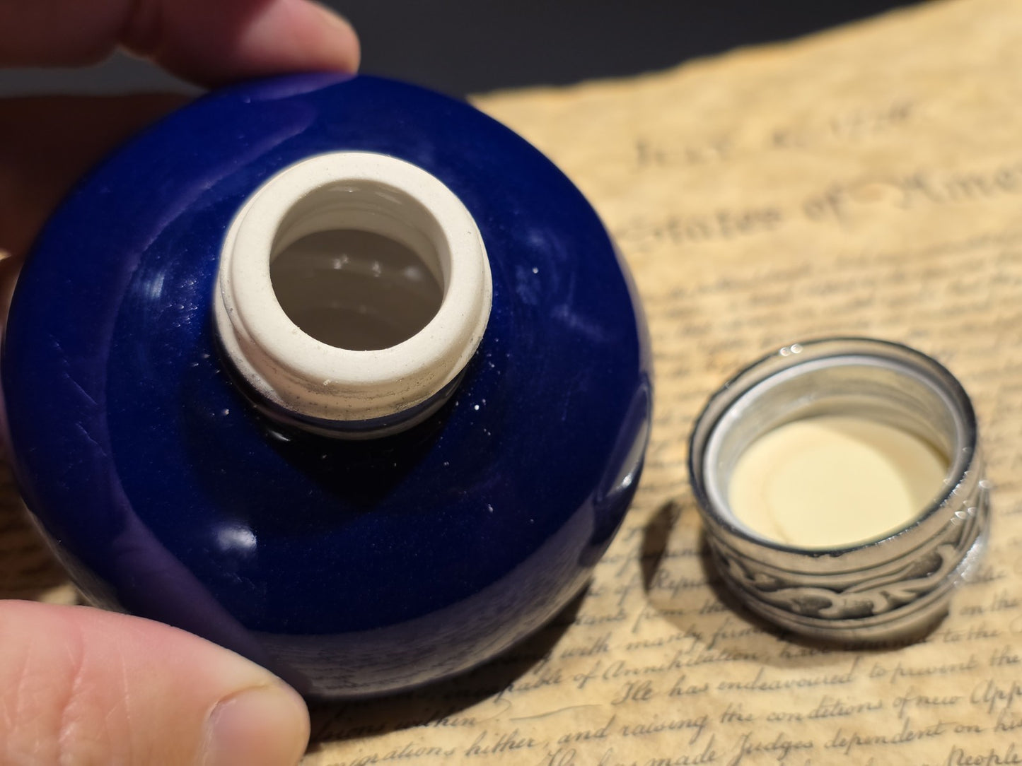 3" Cobalt Blue Ceramic Inkwell Inkpot With Silver Metal Screw Lid